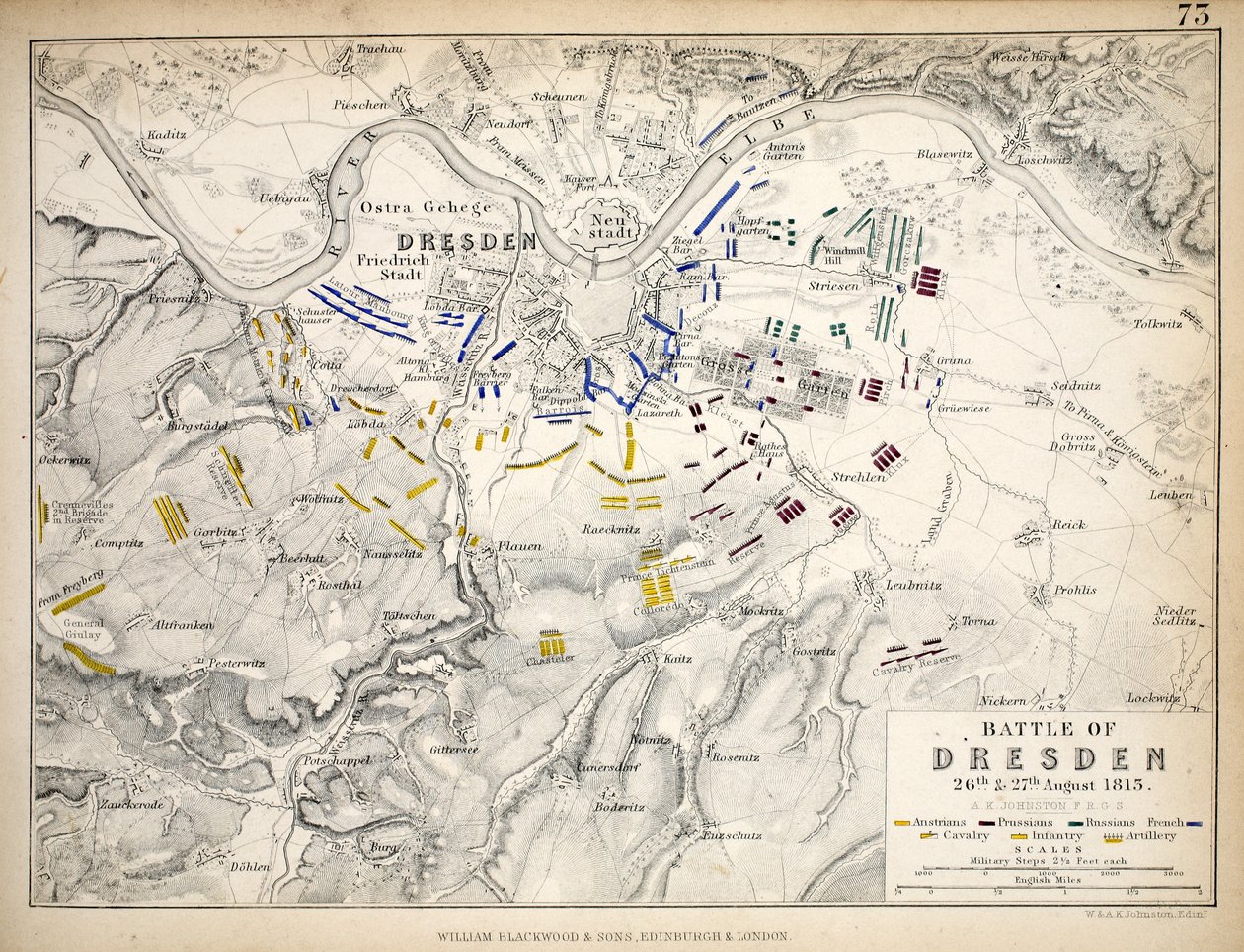 Kort over slaget ved Dresden, udgivet af William Blackwood and Sons, Edinburgh og London, 1848 (håndfarvet gravering) af Alexander Keith Johnston