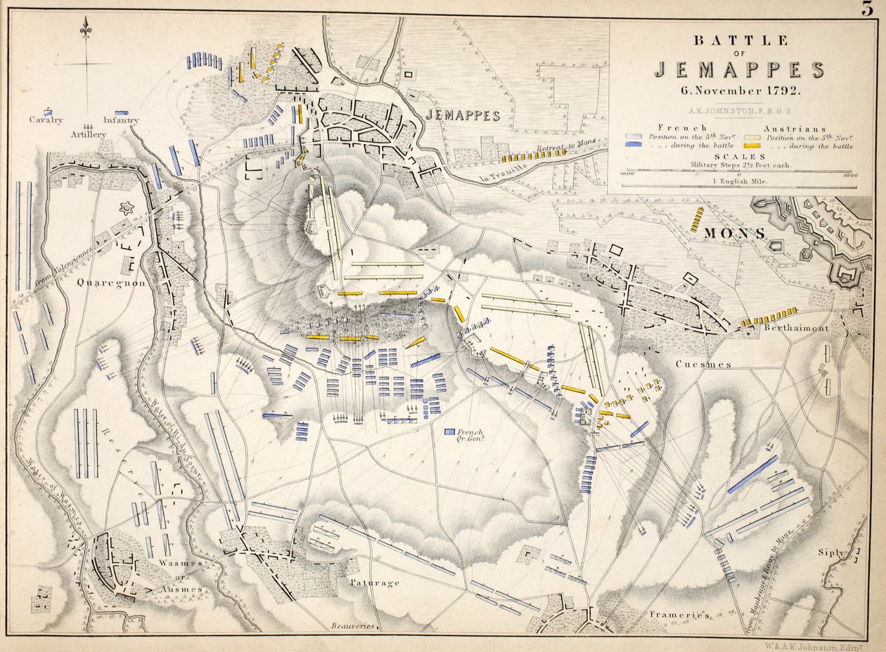 Kort over slaget ved Jemappes, udgivet af William Blackwood and Sons, Edinburgh og London, 1848 (håndfarvet gravering) af Alexander Keith Johnston