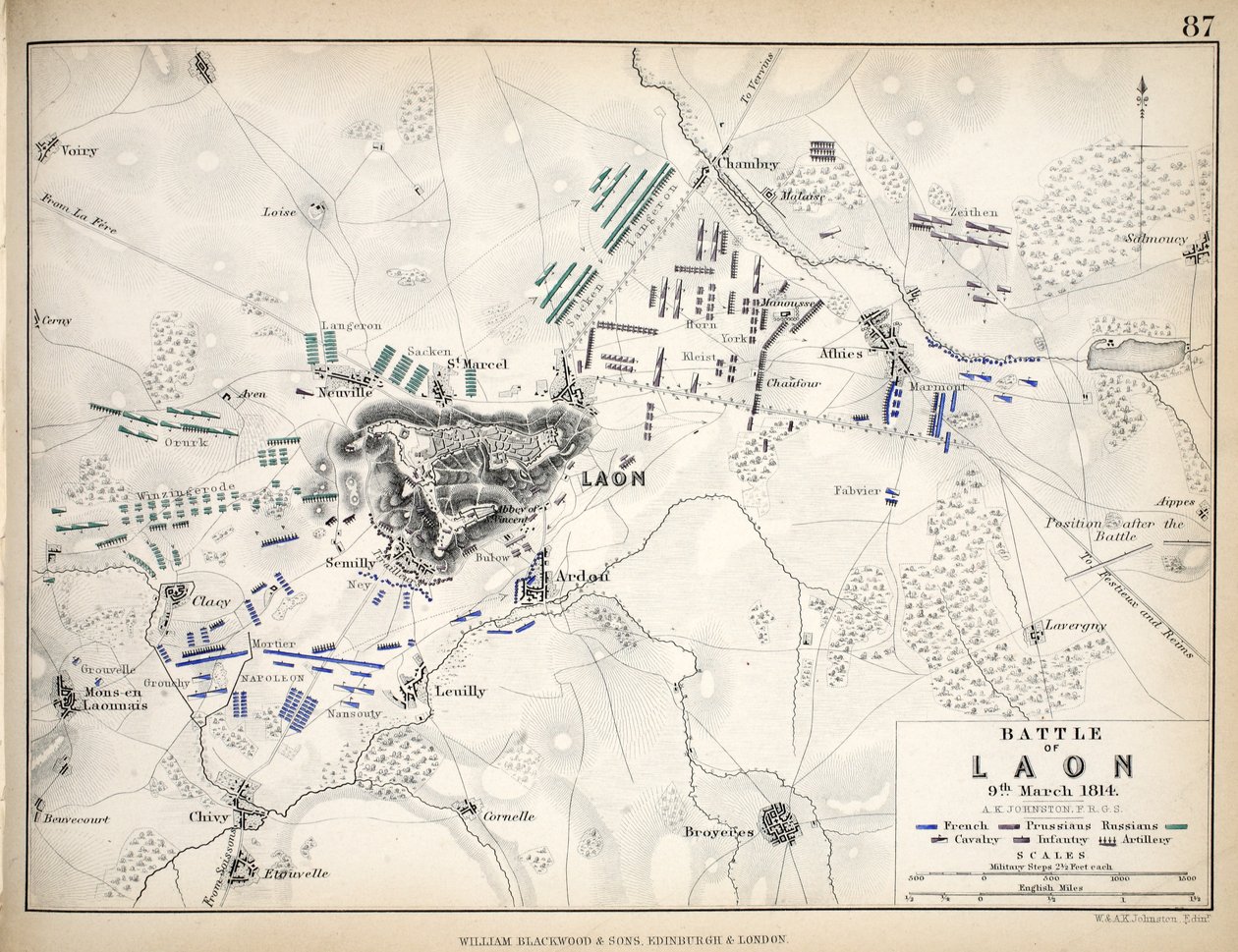 Kort over slaget ved Laon, udgivet af William Blackwood and Sons, Edinburgh og London, 1848 (håndfarvet gravering) af Alexander Keith Johnston