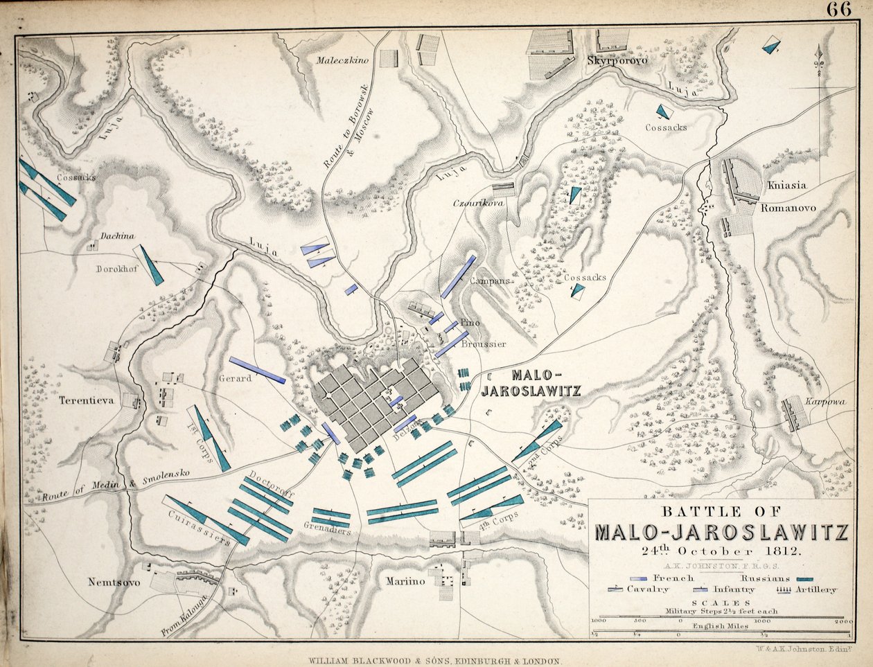 Kort over slaget ved Malo-Jaroslawitz, udgivet af William Blackwood and Sons, Edinburgh og London, 1848 (håndfarvet gravering) af Alexander Keith Johnston