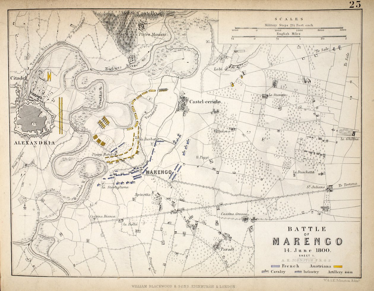 Kort over slaget ved Marengo, udgivet af William Blackwood and Sons, Edinburgh og London, 1848 (håndfarvet gravering) af Alexander Keith Johnston