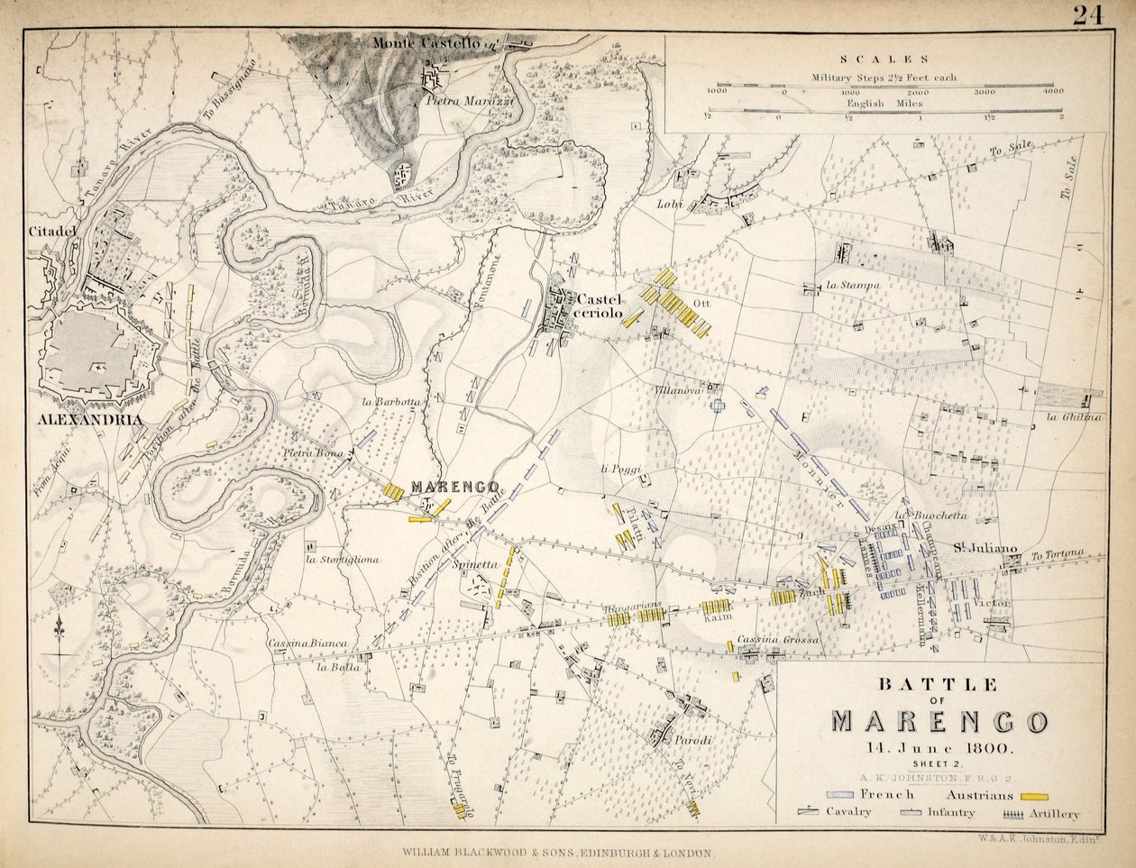 Kort over slaget ved Marengo, udgivet af William Blackwood and Sons, Edinburgh og London, 1848 (håndfarvet gravering) af Alexander Keith Johnston