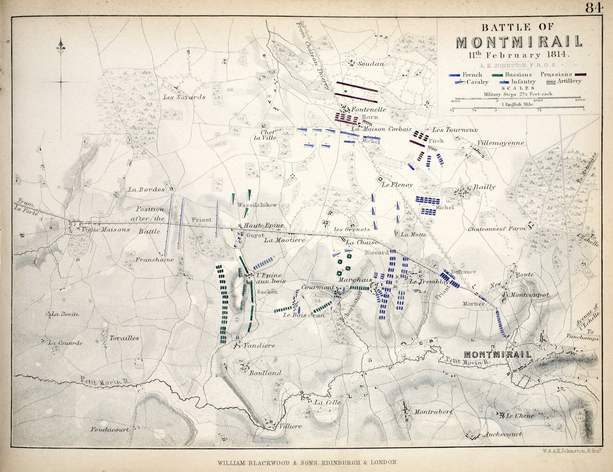 Kort over slaget ved Montmirail, udgivet af William Blackwood and Sons, Edinburgh og London, 1848 (håndfarvet gravering) af Alexander Keith Johnston
