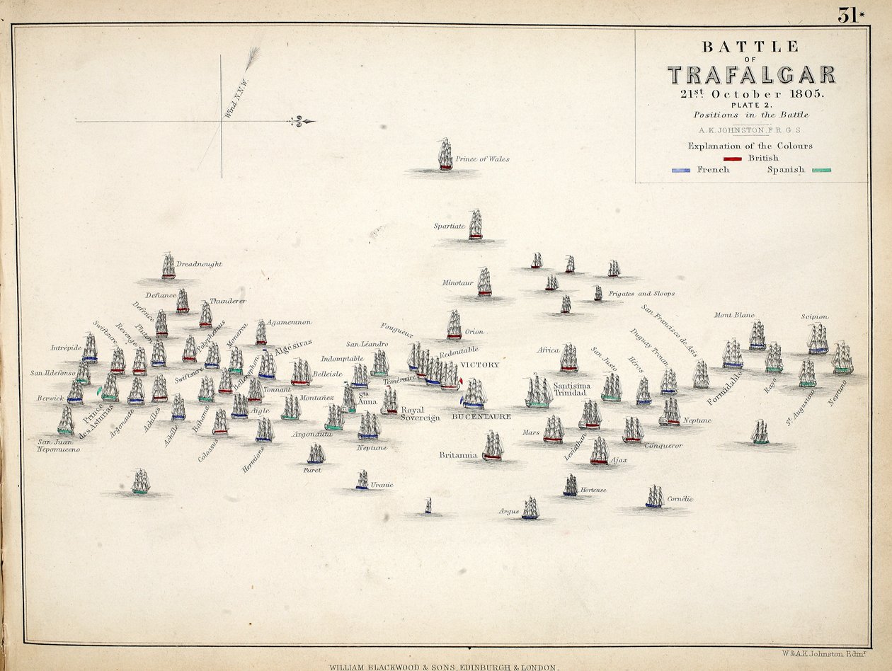 Kort over slaget ved Trafalgar, udgivet af William Blackwood and Sons, Edinburgh og London, 1848 (håndfarvet gravering) af Alexander Keith Johnston