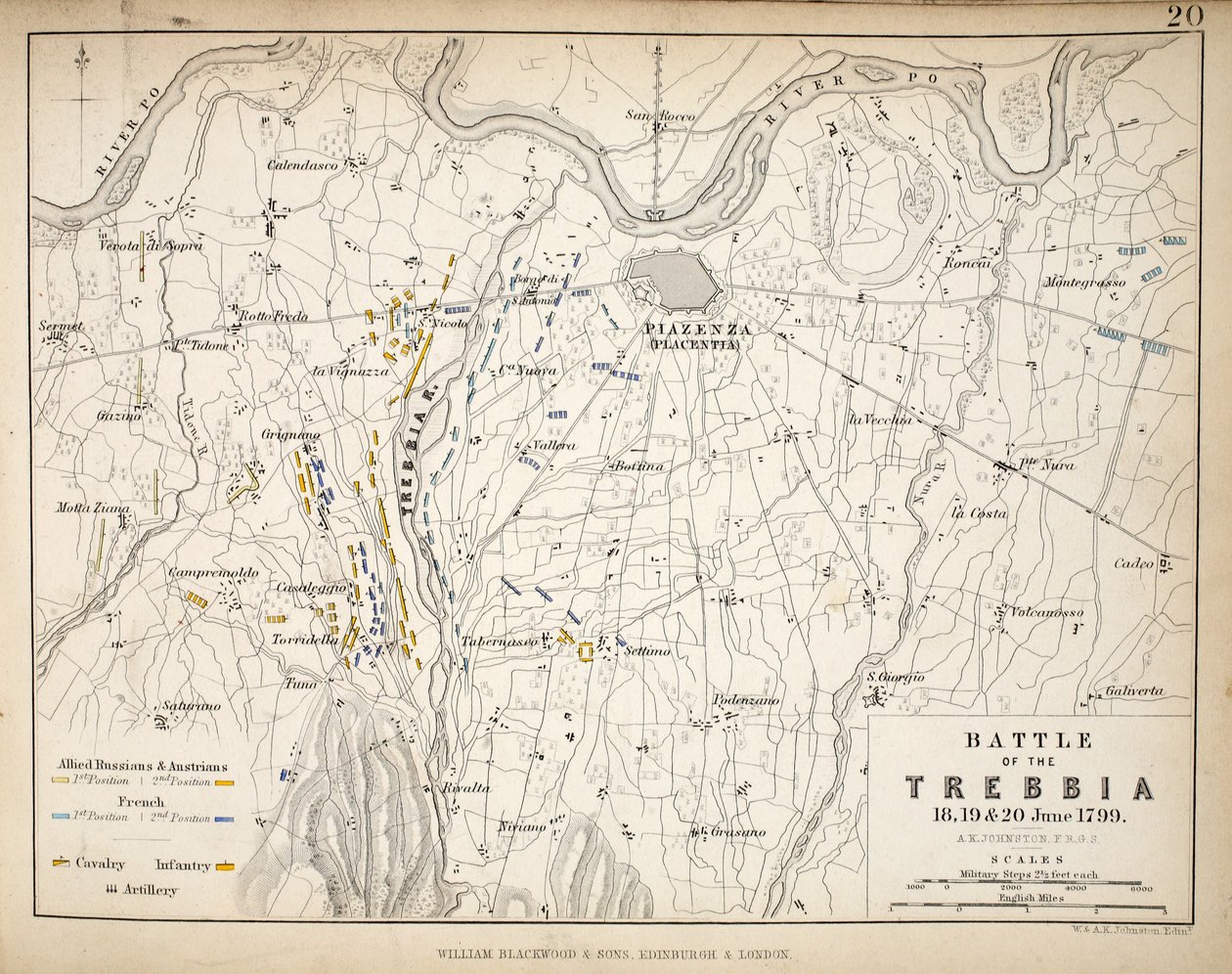 Kort over slaget ved Trebbia, udgivet af William Blackwood and Sons, Edinburgh og London, 1848 (håndfarvet gravering) af Alexander Keith Johnston
