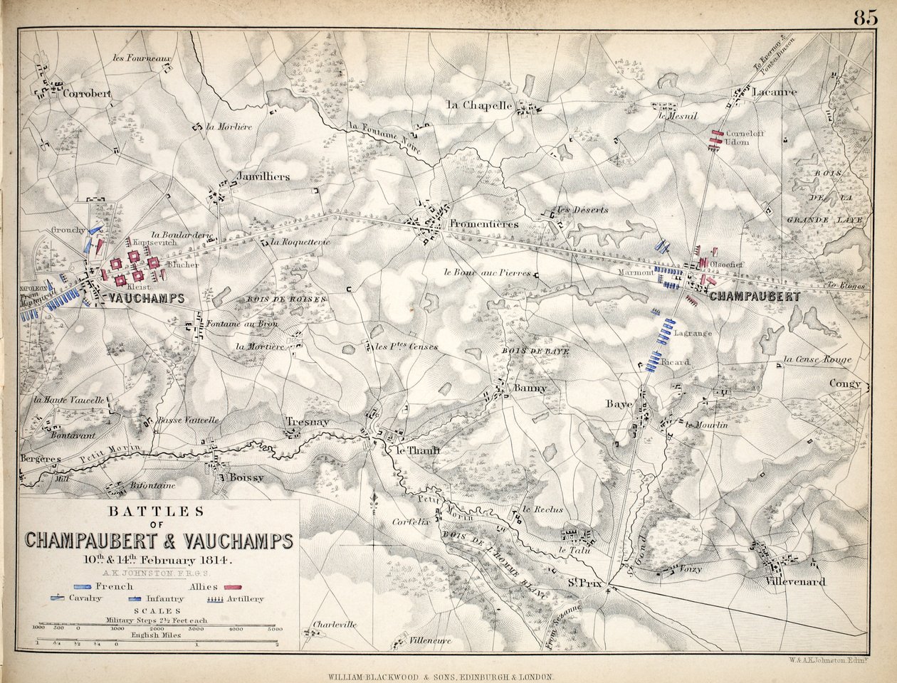 Kort over slagene ved Champaubert og Vauchamps, udgivet af William Blackwood and Sons, Edinburgh og London, 1848 (håndfarvet gravering) af Alexander Keith Johnston