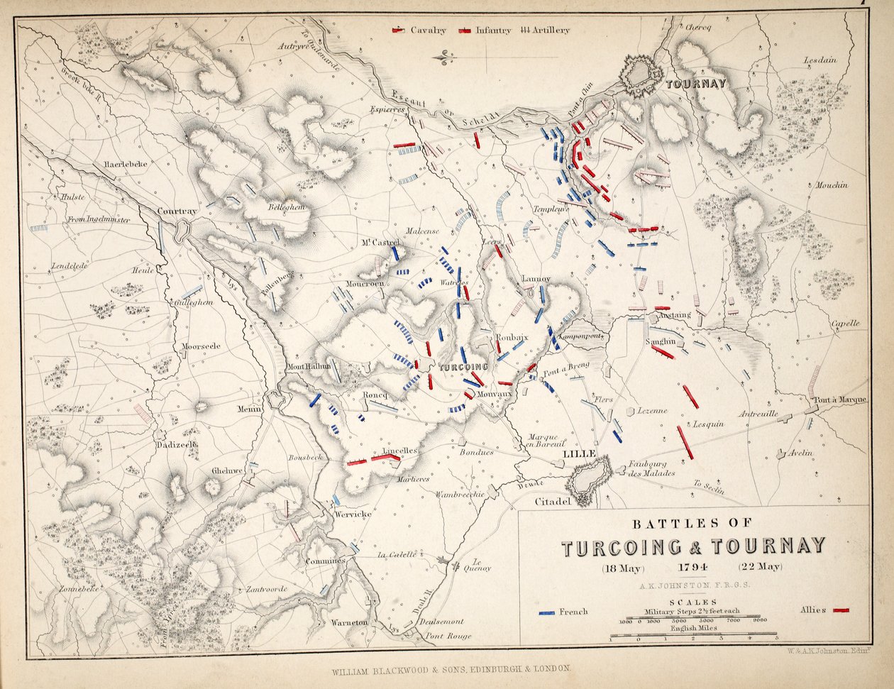 Kort over slagene ved Turcoing und Tournay, udgivet af William Blackwood and Sons, Edinburgh og London, 1848 (håndfarvet gravering) af Alexander Keith Johnston