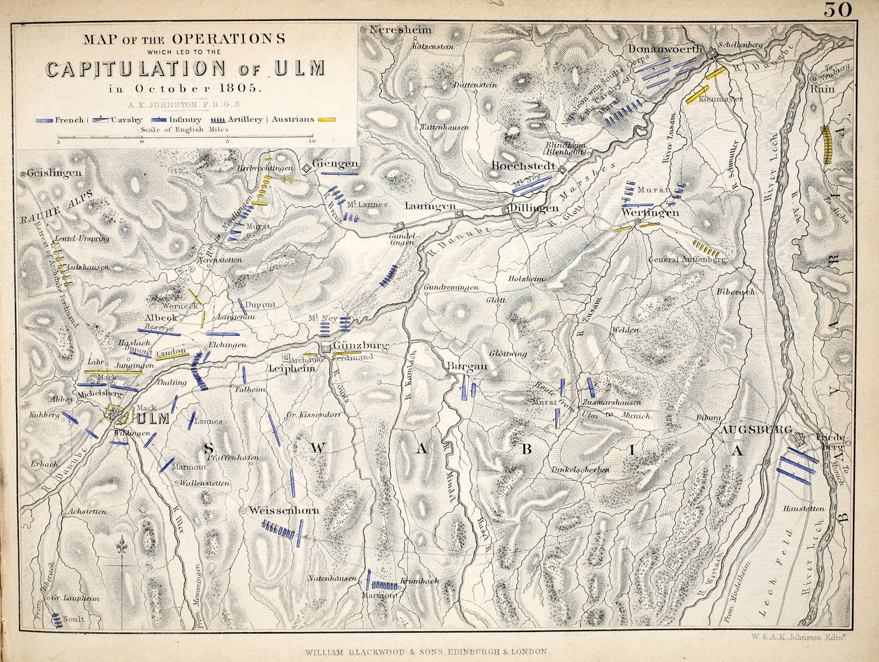 Kort over de operationer, der førte til kapitulationen i Ulm, udgivet af William Blackwood and Sons, Edinburgh og London, 1848 (håndkoloreret stik) af Alexander Keith Johnston