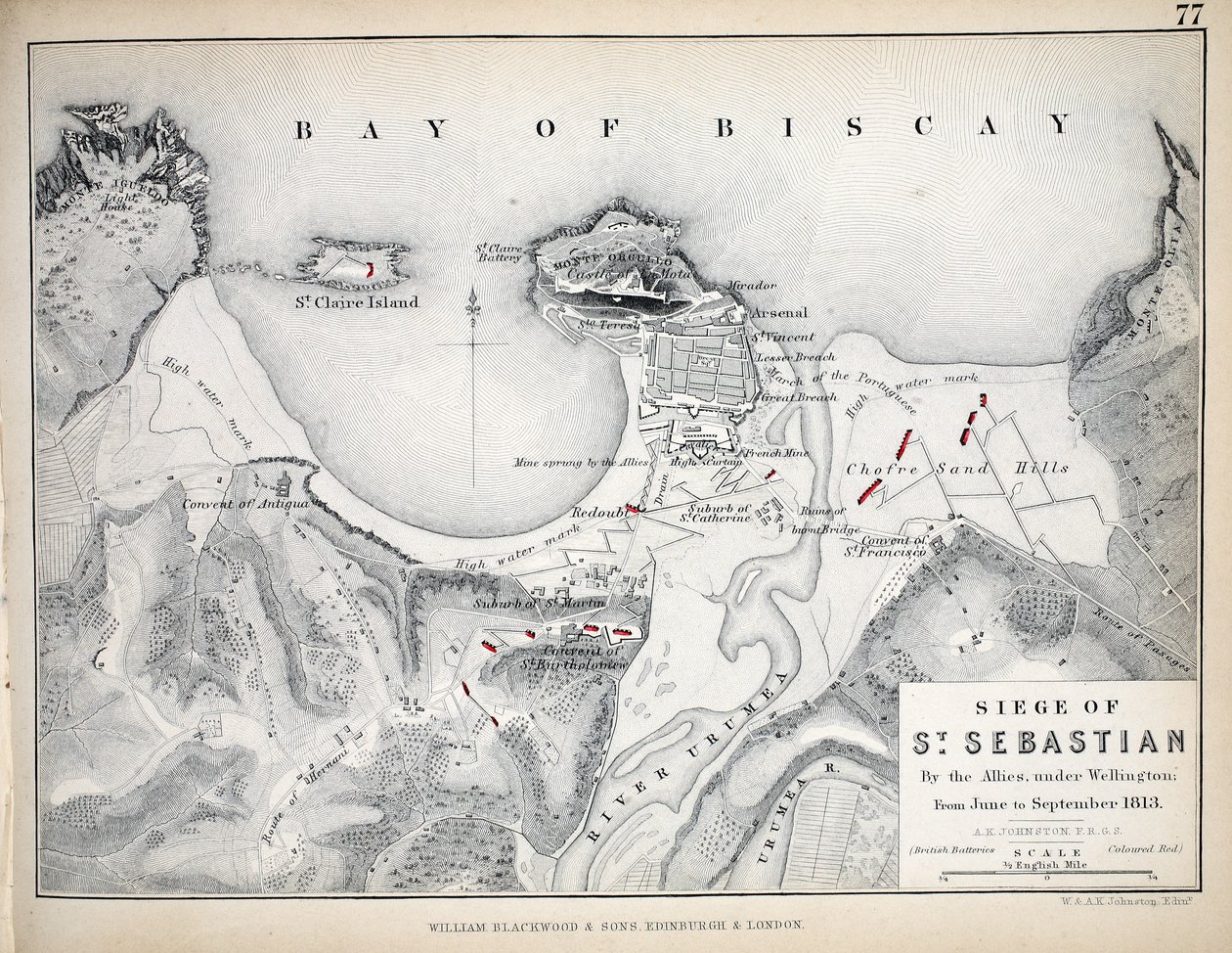 Kort over belejringen af St. Sebastian, udgivet af William Blackwood and Sons, Edinburgh og London, 1848 (håndfarvet gravering) af Alexander Keith Johnston