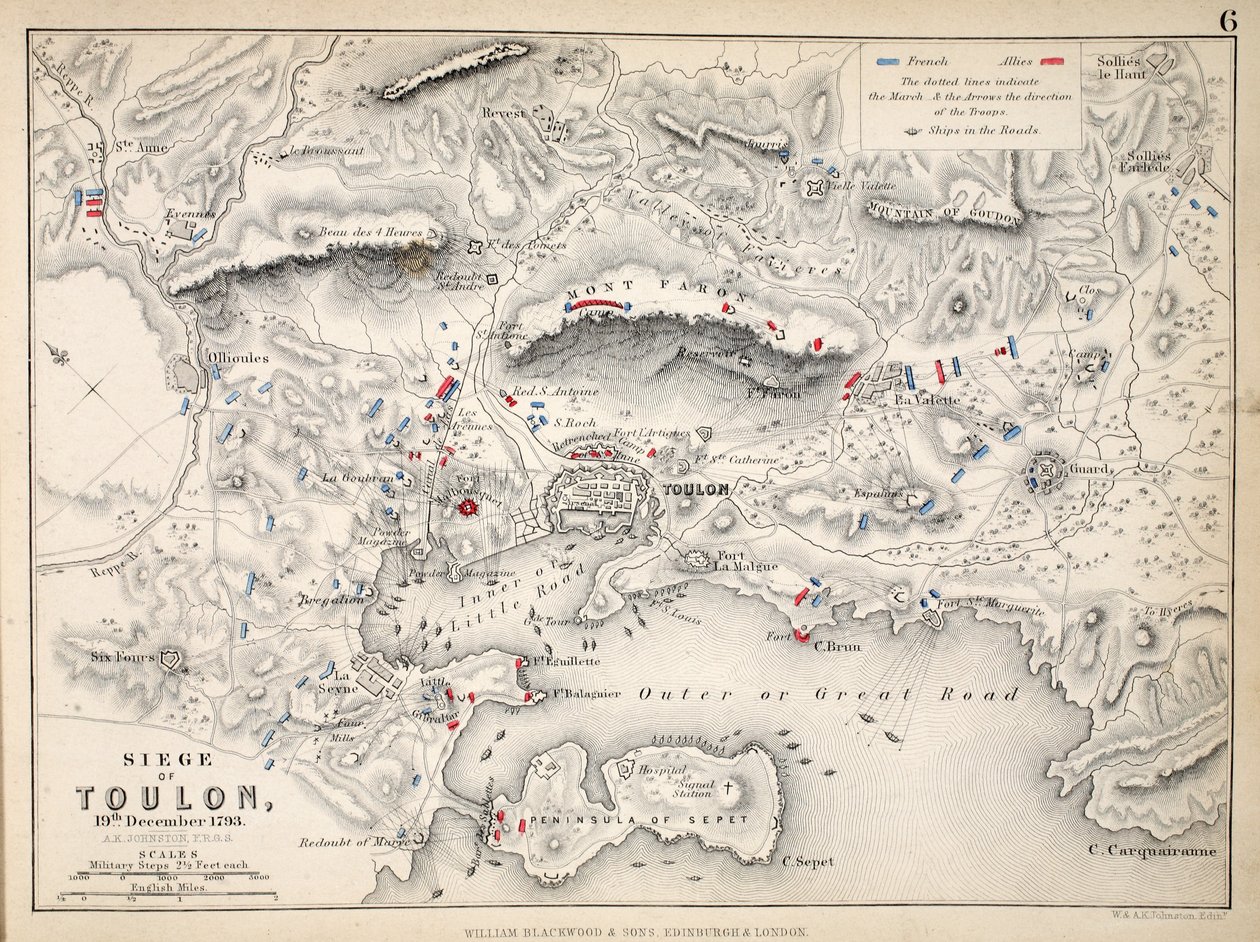 Kort over belejringen af Toulon, udgivet af William Blackwood and Sons, Edinburgh og London, 1848 (håndkoloreret gravering) af Alexander Keith Johnston