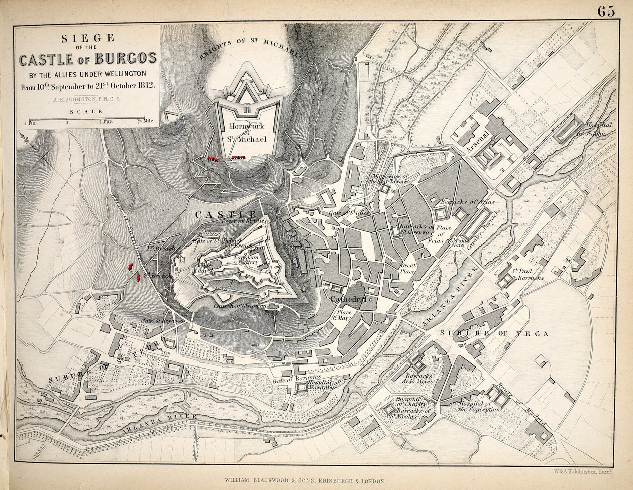 Kort over belejringen af slottet i Burgos, udgivet af William Blackwood and Sons, Edinburgh og London, 1848 (håndfarvet gravering) af Alexander Keith Johnston