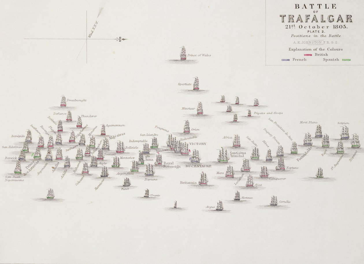 Slaget ved Trafalgar, 21. oktober 1805, Stillinger i slaget, ca. 1830