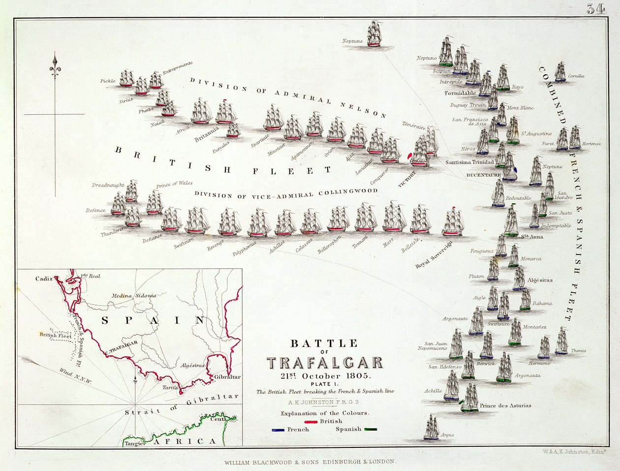 Slaget ved Trafalgar, 21. oktober 1805, briterne bryder den franske og spanske linje, ca. 1830