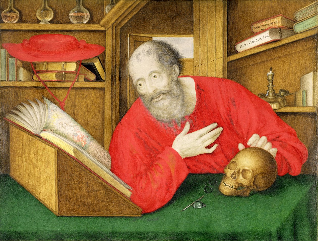 St. Hieronymus i hans studie, 1650 (kropsfarve og wc på vellum) af Alexander Marshal