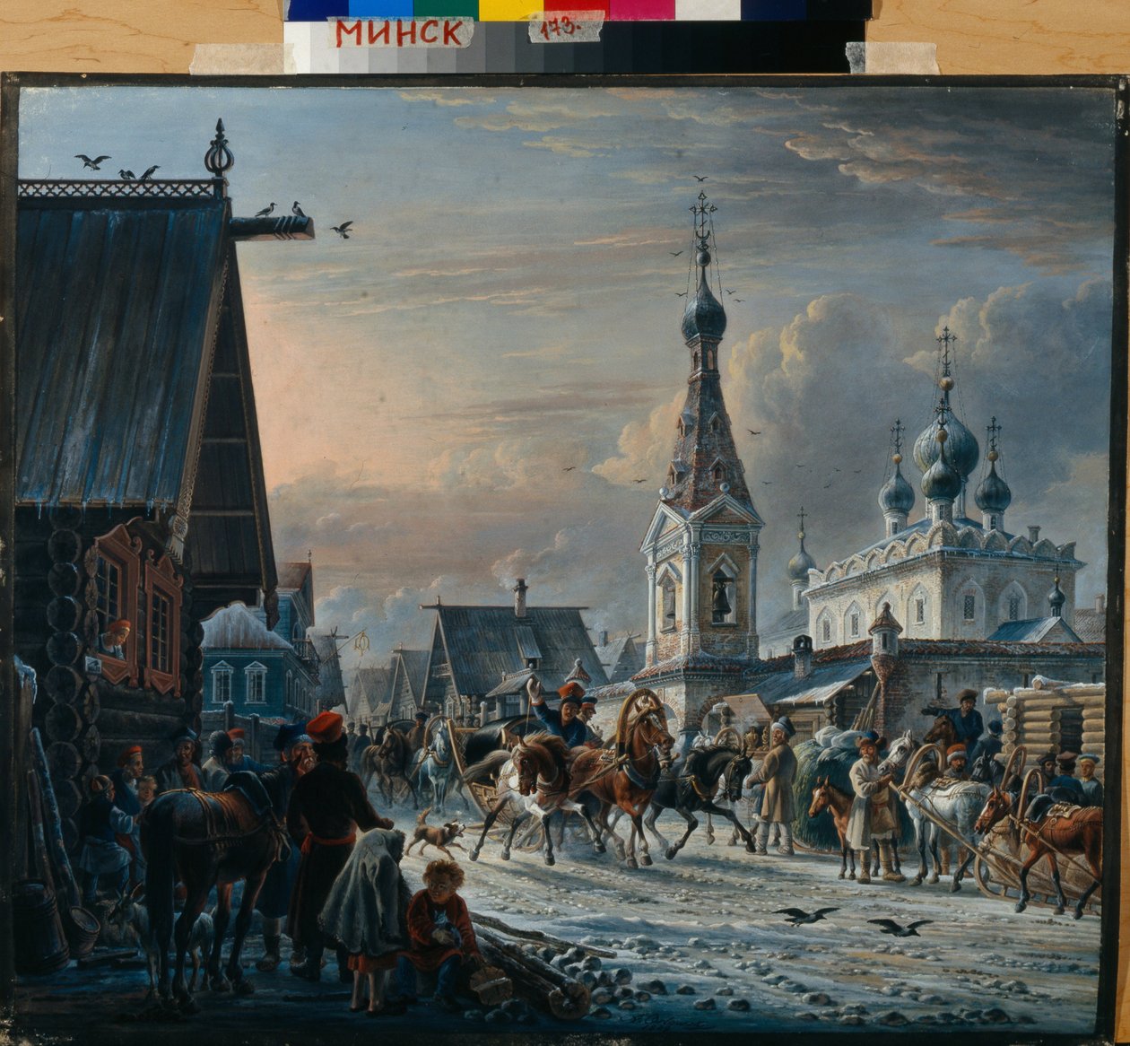 Russiske postslæder (trojka) cirkulerer i en gade om vinteren og hilser indbyggerne på deres vej (Gade med postvogne) - Maleri af Alexander Osipovich Orlowski (1777-1832) af Alexander Orlowski