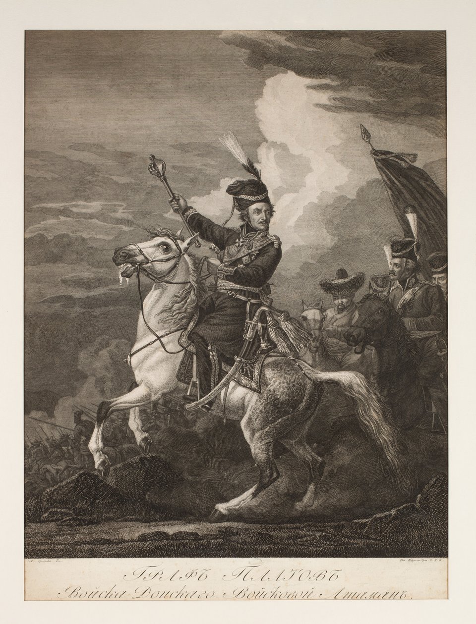 Portræt af grev Platov (1751-1818) til hest (gravering) af after Alexander Orlowski