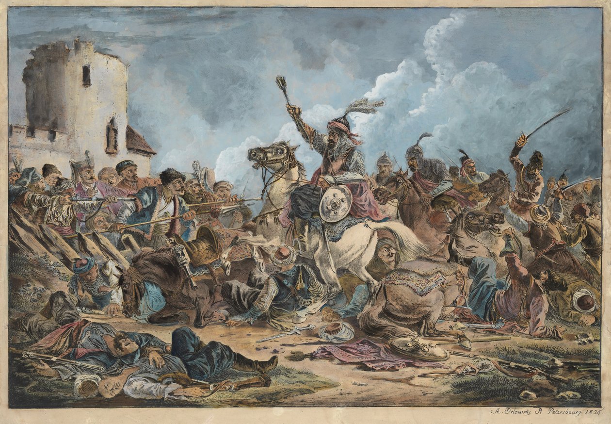 Bataille entre les Georgiens et les tribus de montagne - Kamp mellem georgierne og bjergstammer - Orlowski (Orlovsky), Alexander Osipovich (1777-1832) - 1826 - Litografi, akvarel - 54x77 - Privat samling af Alexander Orlowski