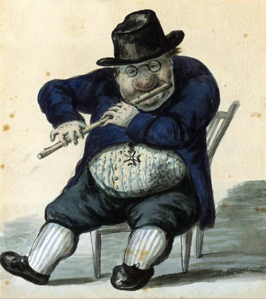 Karikaturportræt af arkitekten Giacomo Quarenghi (1744-1817). (Karikaturportræt af arkitekten G. Quarenghi). Sankt Petersborgs hovedarkitekt, han er repræsenteret med sin kikkert, siddende, spiller på fløjte, med en æresmedalje af Alexander Orlowski