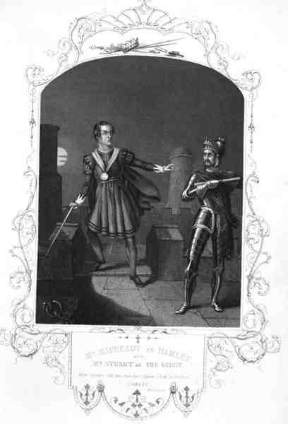 Hr. Macready som Hamlet og hr. Stuart som Spøgelset, Første akt, scene 5, i Hamlet af William Shakespeare (1564-1616), graveret af George Hollis (1792-1842) (stik) af Alexander (after) Reid