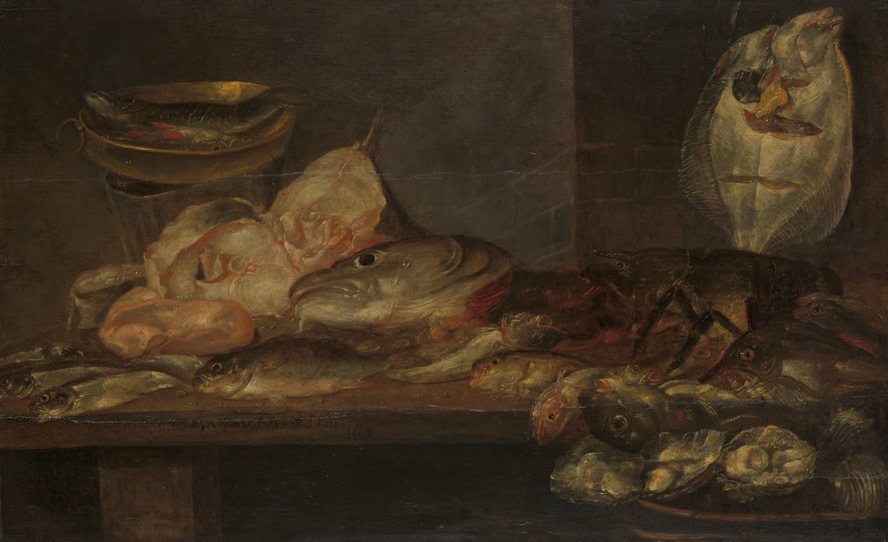 Stilleben med fisk og en hummer og østers på et bord i nærheden af Alexander Adriaenssen