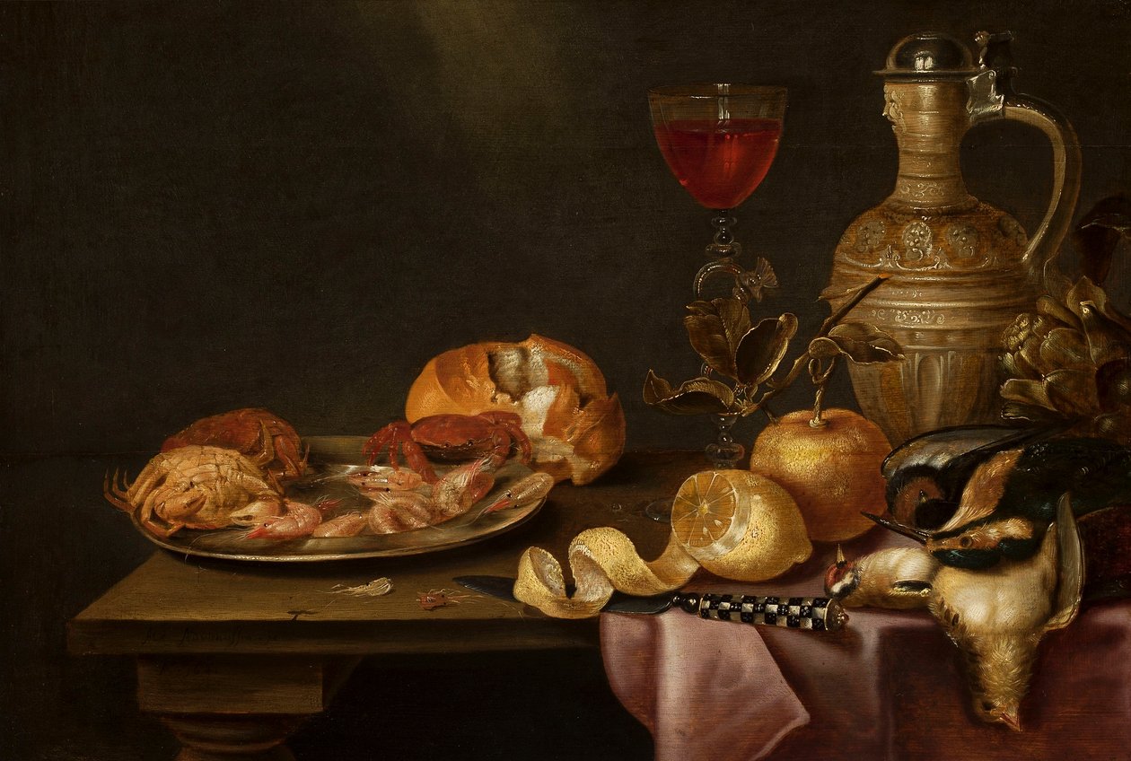 Stilleben med rejer og krabber på en tintallerken af Alexander Adriaenssen