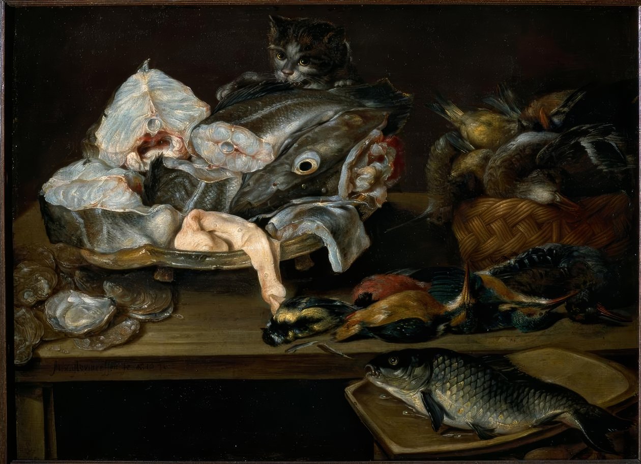 Stilleben med fisk, skaldyr, fjerkræ og kat af Alexander van Adriaenssen