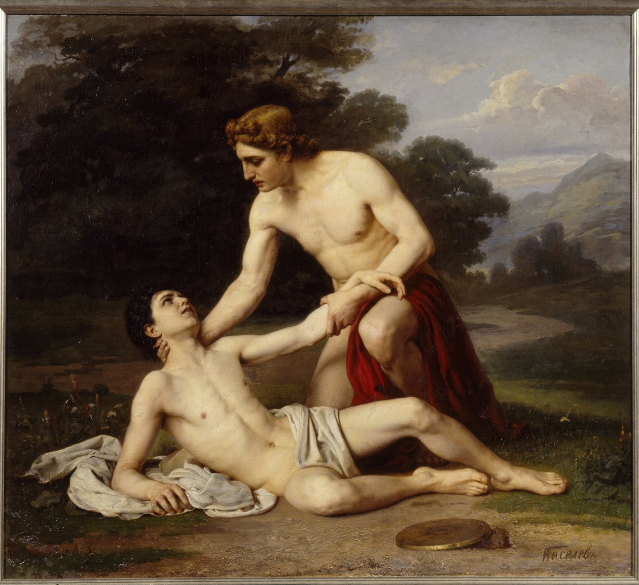 Apollo og Hyacinth (Apollo og Hyacinth). Den græske gud bøjer sig over den unge mand, såret i tindingen under træning i diskoskastning. Maleri af Alexander Alexeyevich Kiselev (1855-efter 1918), olie på lærred af Alexander Alexeyevich Kiselev