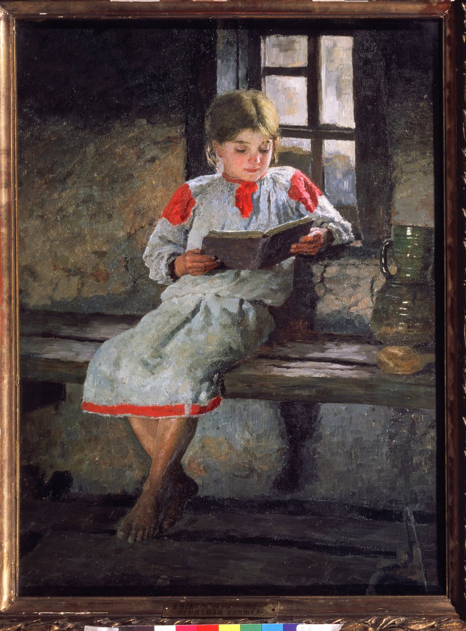 En vidunderlig læsning. En lille pige sidder ved vinduet, opslugt af historien om sin bog. Maleri af Alexander Alexeyevich Kiselev (1855-efter 1918), olie på lærred, ca. 1890. Russisk kunst fra 1800-tallet. Staten Tretyakov Ga af Alexander Alexeyevich Kiselev
