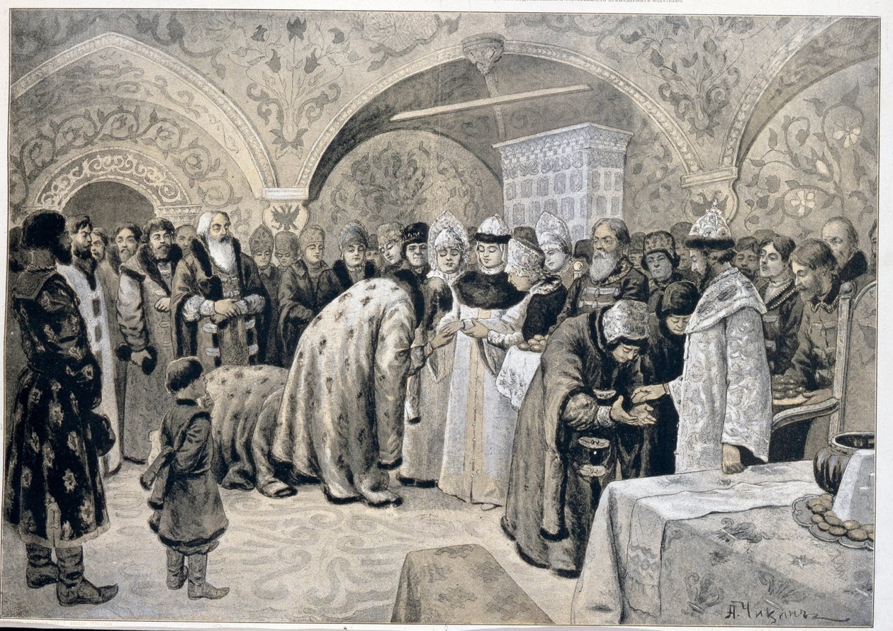 Tsarinaens modtagelse efter påskematinéerne. Værk af Alexander Andreyevich Chikin (1865-1924), litografi. russisk kunst af Alexander Andreyevich Chikin