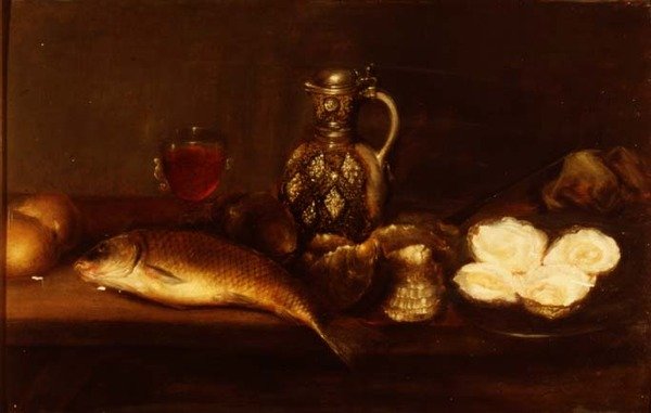 Et morgenmadsstilleben med en stentøjskande, fisk og østers af Alexander Andriessen