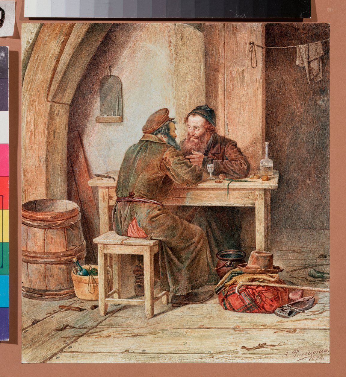 Dans une taverne - In a tavern - Værk af Alexander Antonovich Rizzoni (1836-1902), akvarel på papir af Alexander Antonovich Rizzoni