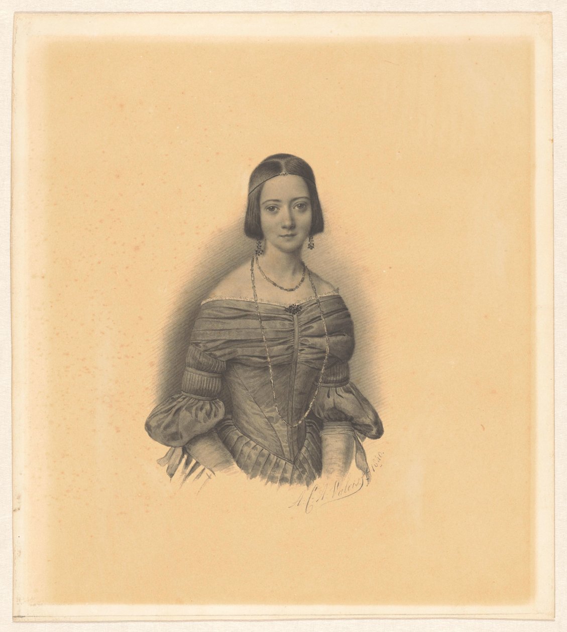 Portræt af Antoinette Marie Henriette Jeanne Reigersman, hustru til Jonkheer Mr. Pieter van den Brandeler af Alexander Cesar August Valois (signed by artist)