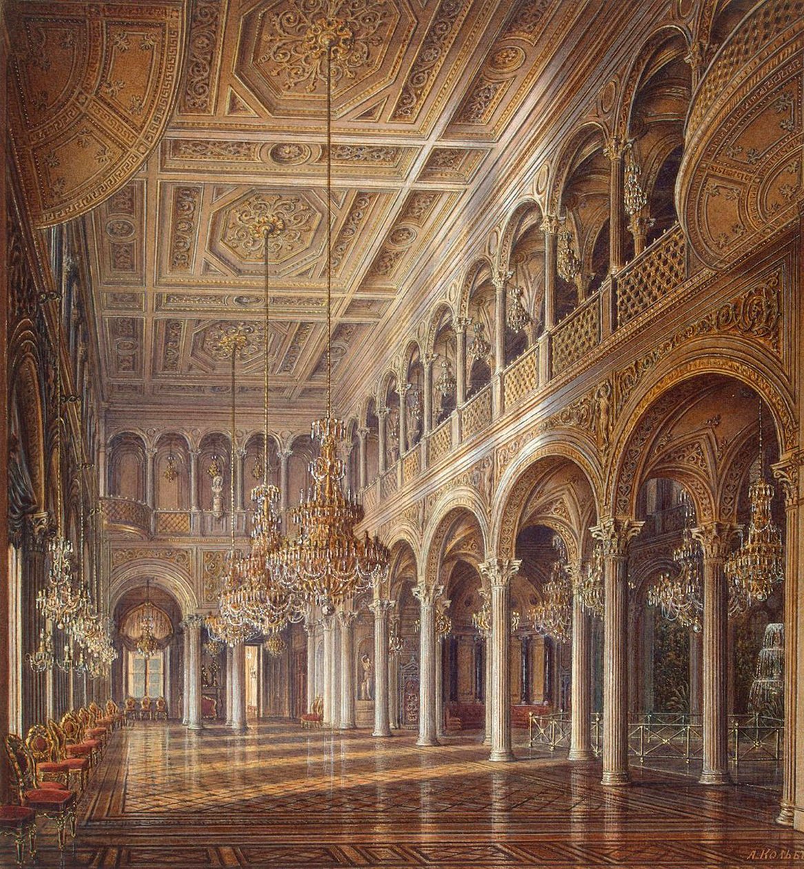 Interiør af den lille eremitage, Pavillonsalen, midten af det 19. århundrede. af Alexander Chrisophorovich Kolb