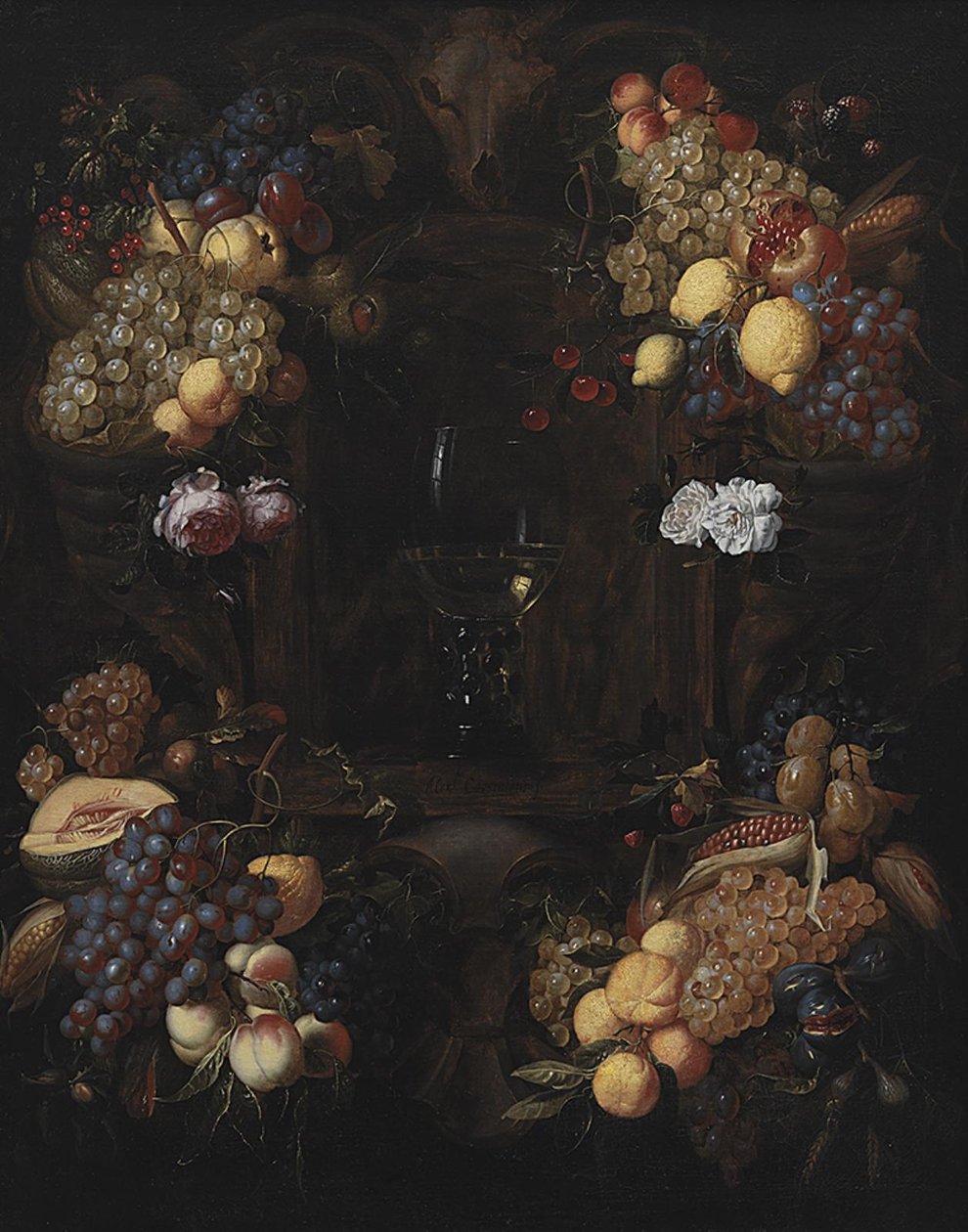 Cartouche med guirlander af frugt og et vinglas af Alexander Coosemans