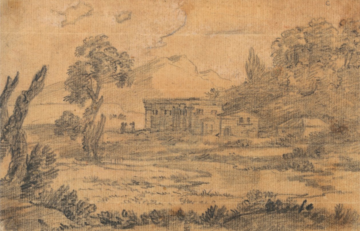 Bygninger ved en flod med bakker i baggrunden af Alexander Cozens