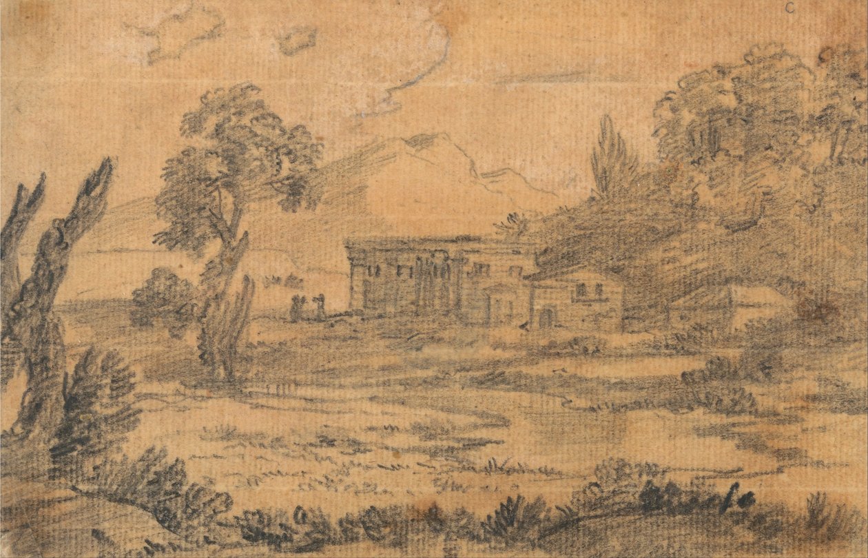 Bygninger ved en flod med bakker i baggrunden af Alexander Cozens