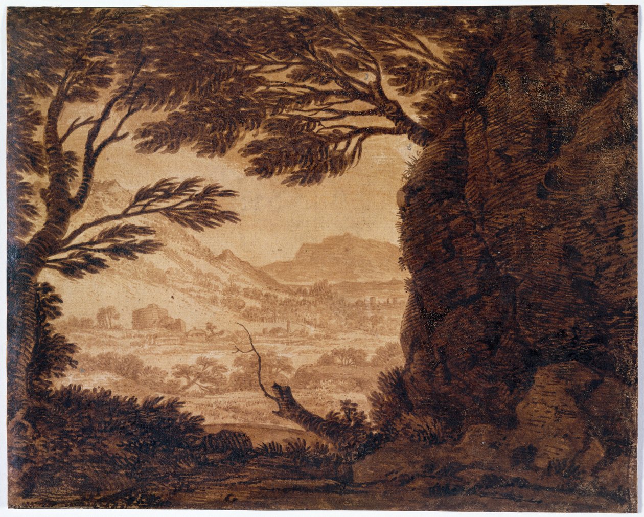 Klassisk landskab, midten af det 18. århundrede (sepia på papir) af Alexander Cozens