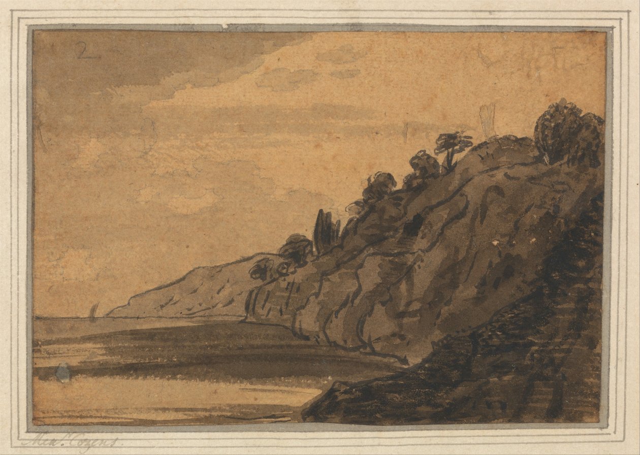 Kystscene med skovklædt af Alexander Cozens