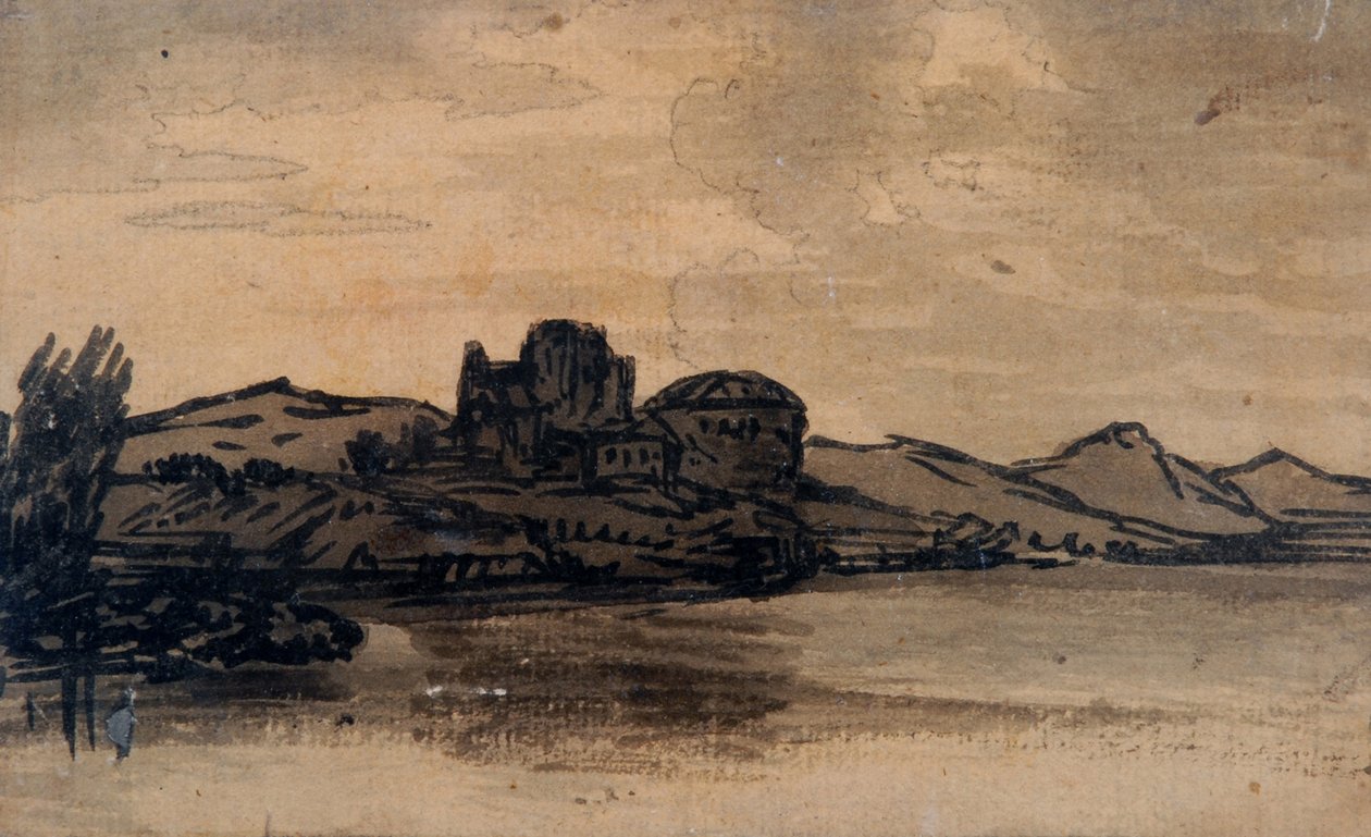 Italiensk landskab med kuppelbygning (blyant og vask på papir) af Alexander Cozens