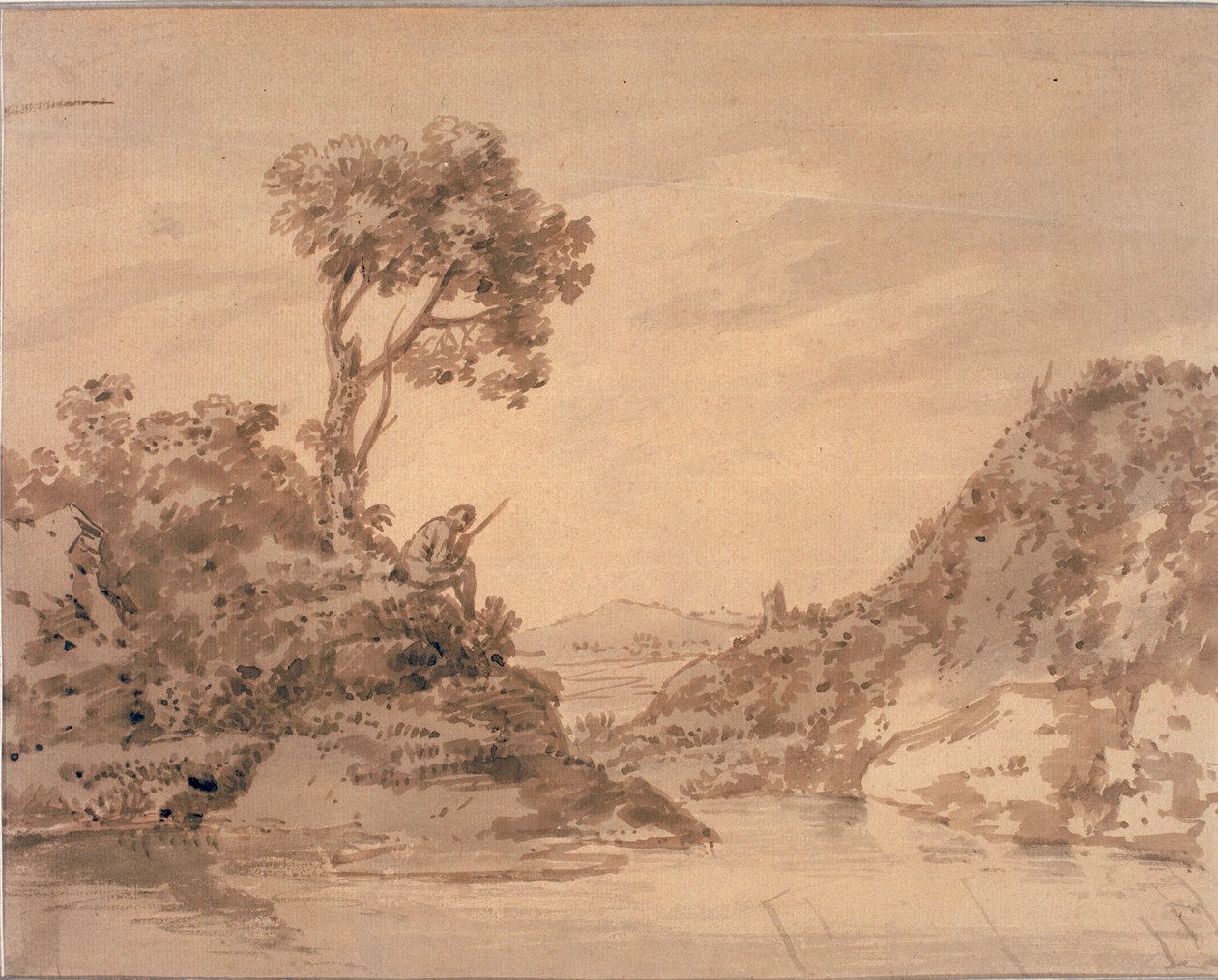 Landskab med figur på bredden af en pool (akvarel, sepia og vask) af Alexander Cozens