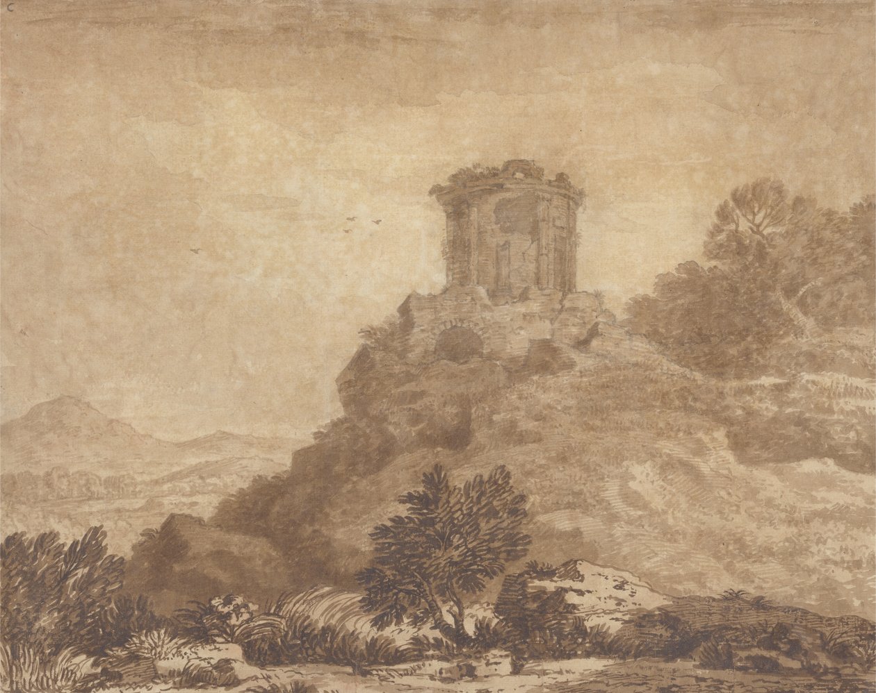 Landskab med et ødelagt tempel, ca. 1756 (grafit og vask på papir) af Alexander Cozens