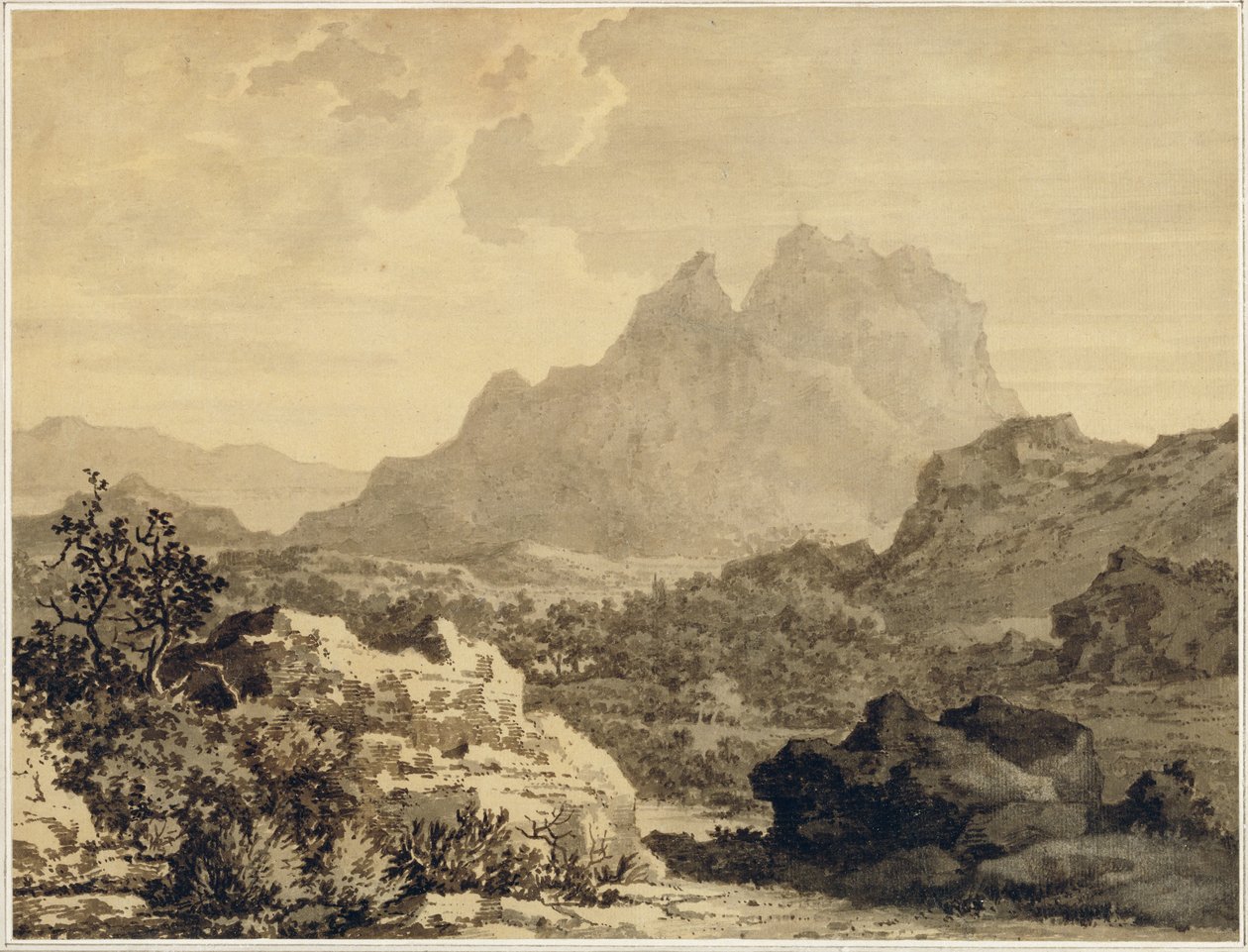 Mountainous Landscape, ca. 1780 (grå og brun vask på papir forberedt med brun grund) af Alexander Cozens
