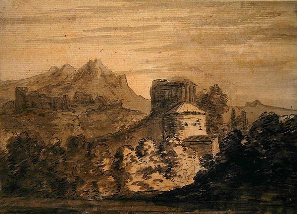 Bjerget landskab med italienske bygninger (blyant, pen og blæk og blækvask på papir) af Alexander Cozens