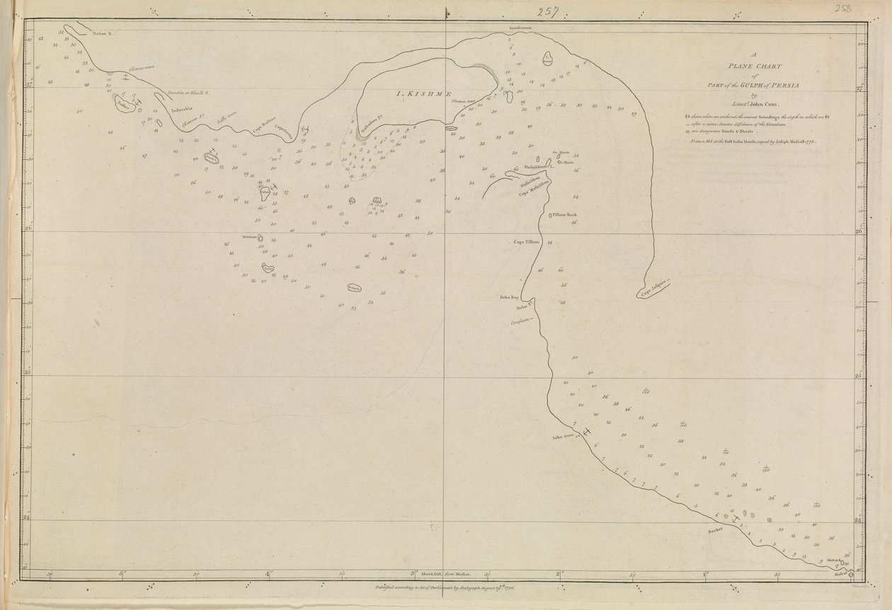 Planer over havne, Dalrymple, Alexander udgivet i 1791. Et plankort over Den Persiske Bugt, af løjtnant John Cant 1773 af Alexander Dalrymple