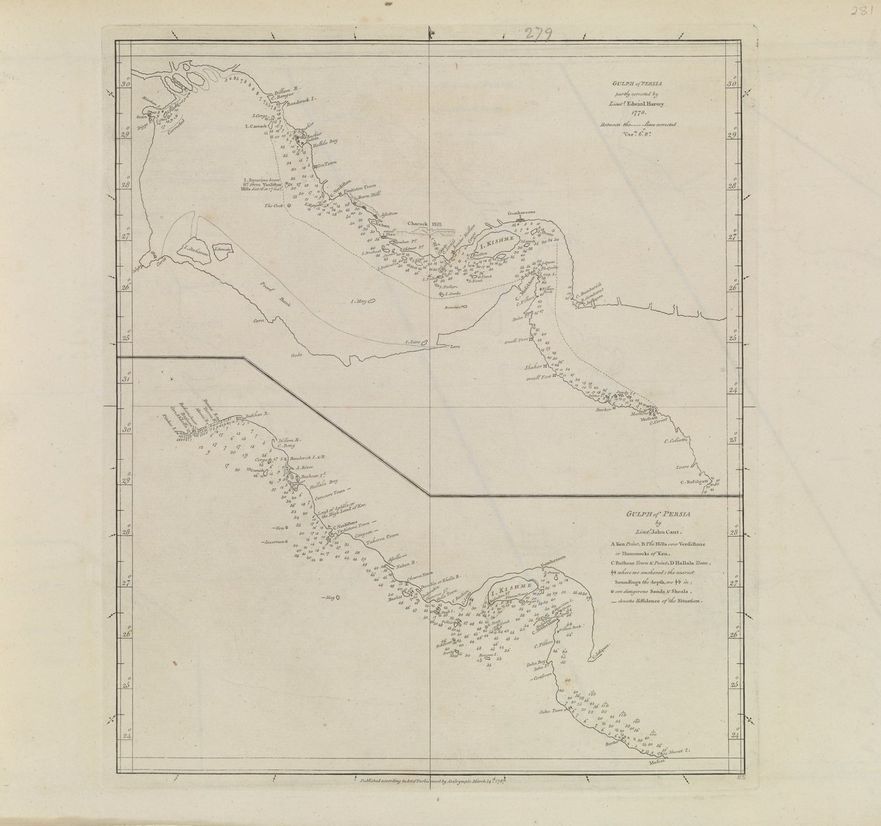 Havneplaner, Dalrymple, Alexander udgivet i 1791 ID-nummer 41167-2001 Et plankort over en del af Persiabugten, delvist korrigeret af løjtnant Edward Harvey 1778 af Alexander Dalrymple