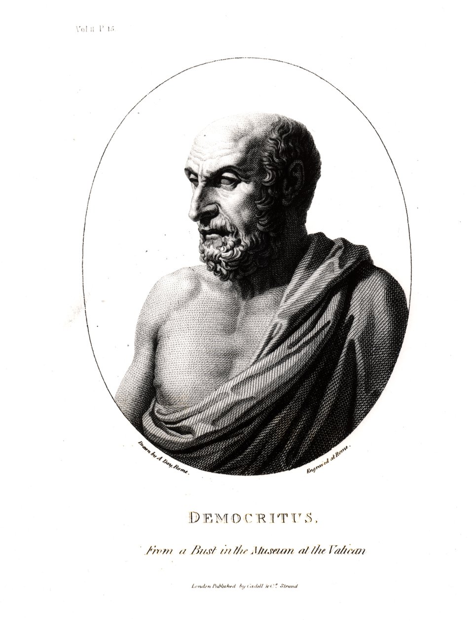 Demokrit (c.460-c.370 f.Kr.), indgraveret fra en buste i Vatikanmuseet af Alexander Day