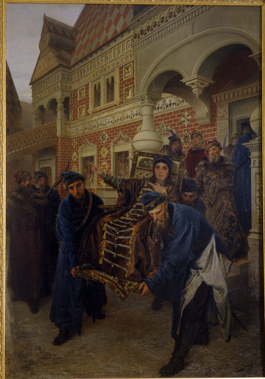 Boyarin Morozova. (Boyarynya Morozova). Feodosia Prokofiyevna Morozova (1632-1675), en ivrig tilhænger af den gamle troende ritual, aflagde klosterløfter under navnet Theodora. Hun beskrives under sin anholdelse af tilhængere af pat af Alexander Dimitrievitch Litovtchenko