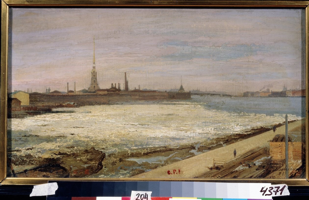 Ice Drift på Neva-floden i Sankt Petersborg (Ice Drifting i Sankt Petersborg). I baggrunden Sankt Peter og Pauls katedral og fæstningen. Maleri af Alexander Dmitrievich Litovchenko (Litovchenko) (1835-1890), olie på lærred af Alexander Dimitrievitch Litovtchenko