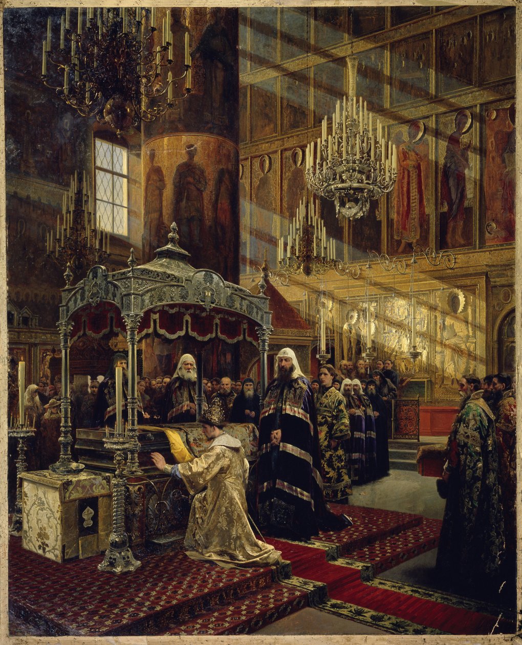 Ruslands zar Alexis I Mikhailovich, kendt som den meget fredelige zar (1629-1676) og patriark Nicon (1605-1681) på kiste for Filip I, hovedstaden i Moskva (zar Alexei I Michailovich og patriark Nikon ved Filip I