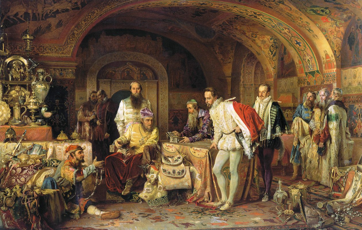 Ivan IV af Rusland demonstrerer sine skatte til ambassadøren for dronning Elizabeth I af England, 1875 af Alexander Dmitrievich Litovchenko